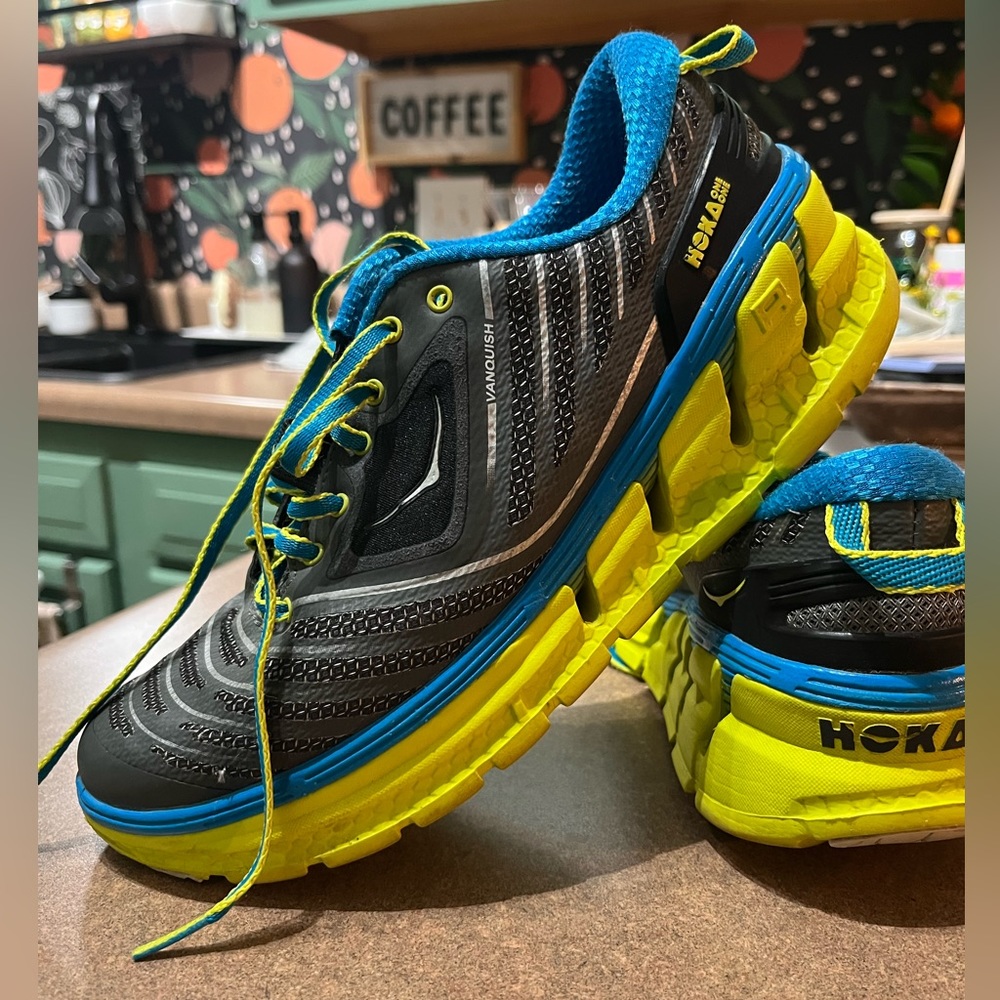 EUC Hoka One One Vanquish Blue and Green Sneakers (size 8 men’s)